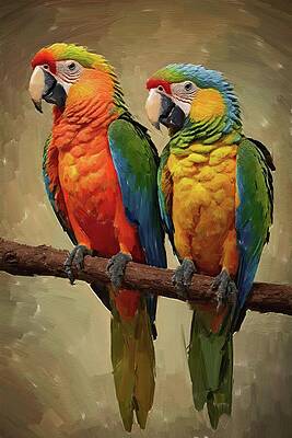 Wildlife Digital Art - Parrot Painting, Colorful Parrots In The Branch Tree by Nature Oil Painting