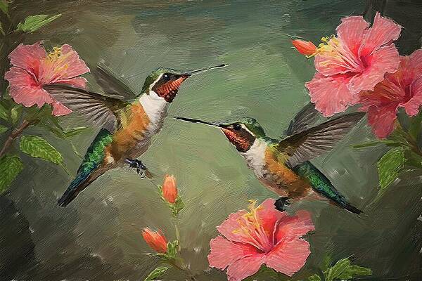 Wildlife Digital Art - Bird Painting Of Hummingbirds Pollinating Rose Mallow Flowers by Nature Oil Painting