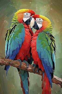 Vibrant Wall Art featuring the digital art Bird Painting Of Two Colorful Macaw Parrots Couple by Nature Oil Painting