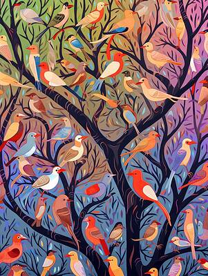 Vibrant Wall Art featuring the painting Birds In A Tree 3 by Land of Dreams