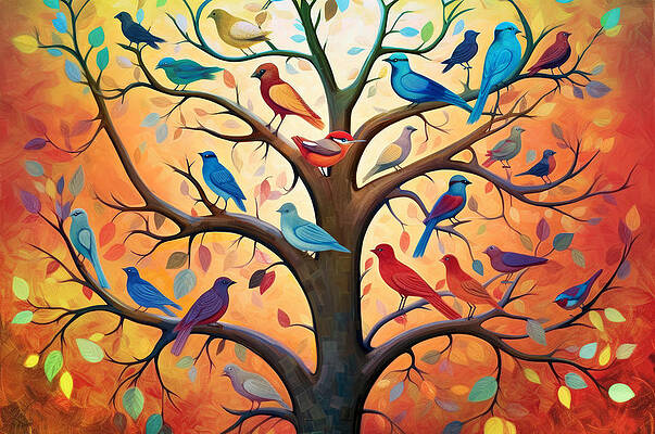 Vibrant Wall Art featuring the painting Birds In A Tree by Land of Dreams