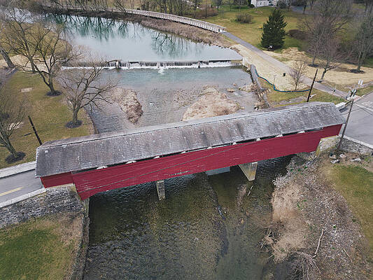 Water Wall Art featuring the photograph Birdseye View Wehrs Dam And The Covered Bridge In March by Jason Fink