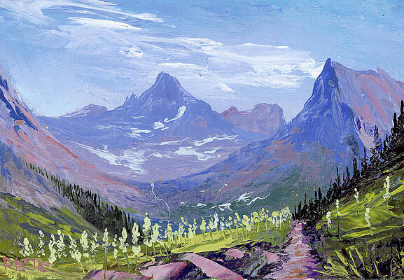 Mountain Wall Art featuring the painting Birdwoman Falls From The Highline Trail by Raette Meredith