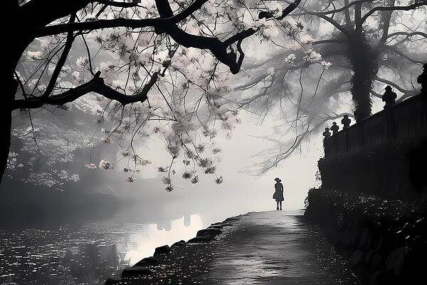 Vintage Digital Art - Black And White Film Photography Of Sakura Blossoms In Japan No 1 by Andre Petrov