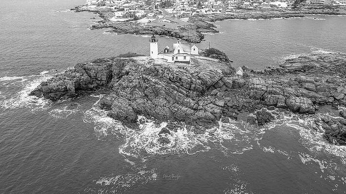 Maine Photograph - Black And White Nubble Lighthouse In Winter by Veterans Aerial Media LLC