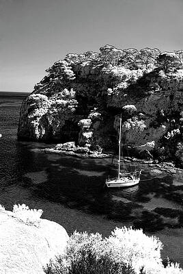 Summer Wall Art featuring the photograph Black And White Yacht In Menorca, Balearic Islands, Spain by Severija Kirilovaite