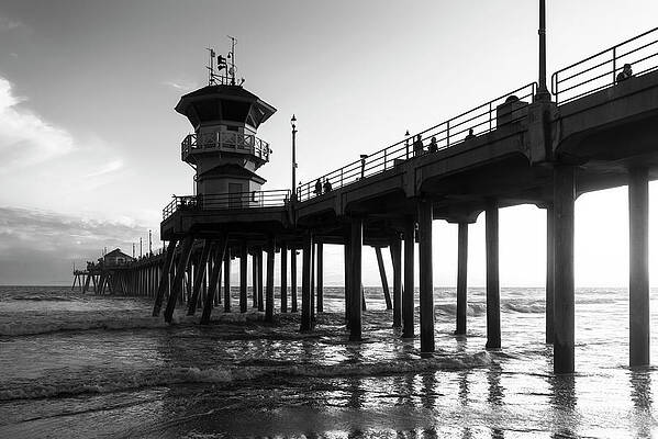 Sunset Wall Art featuring the photograph Black California Series - Huntington Beach Pier Sunset by Philippe HUGONNARD