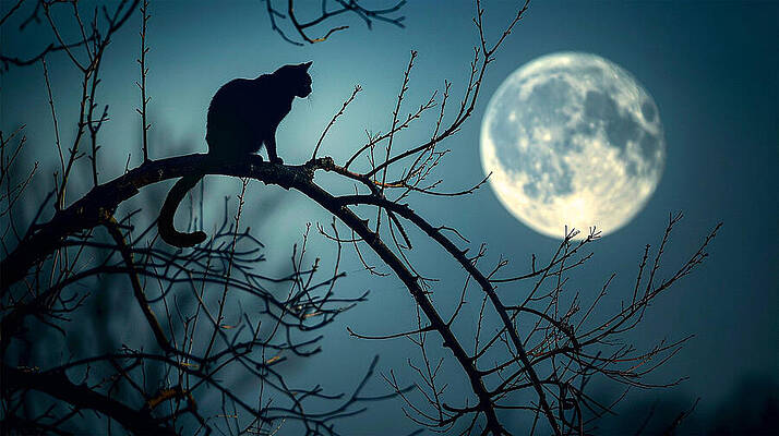 Serene Photograph - Black Cat Under A Full Moon by Printed View