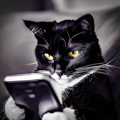 Modern Digital Art - Black White Cat On A Smartphone by David Manlove