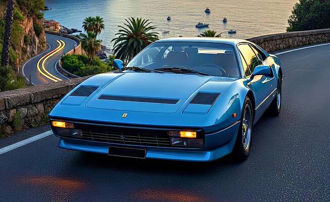 Blue Sports Car on Coastal Road Wall Art