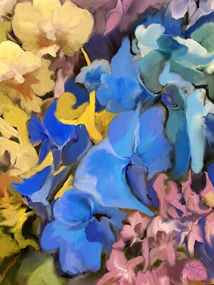 Flower Wall Art featuring the painting Blue And Yellow Orchids - Vibrant Floral Wall Art by Sonja Kraft