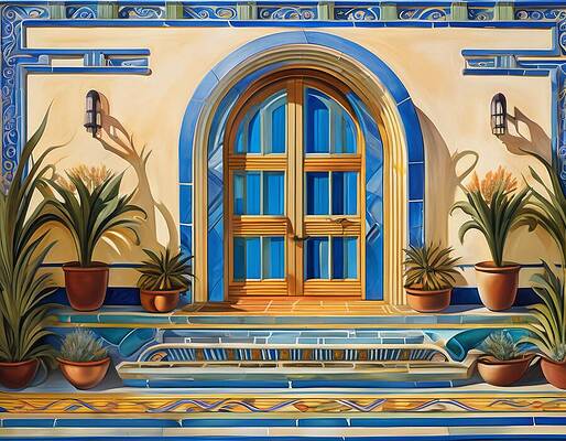 Vibrant Digital Art - Blue Door And Many Plants by Eris And AI