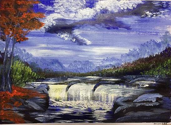 Wall Art featuring the painting Blue Falls by Xueqi Bao