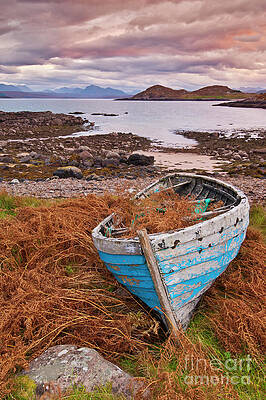 Dramatic Photograph - Blue Fishing Boat At Sunset, Inverasdale, Loch Ewe, Wester Ross, Scotland by Neale And Judith Clark