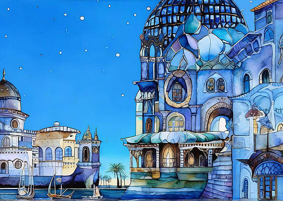 Whimsical Digital Art - Blue Harbor by Eris And AI