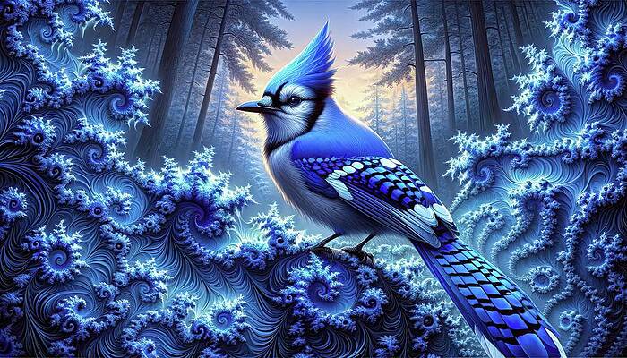 Intricate Wall Art featuring the digital art Blue Jay In The Mystic Winterwood by Bill And Linda Tiepelman