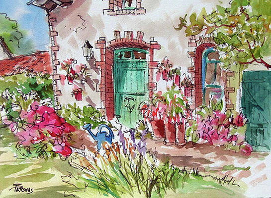 Wall Art featuring the painting Blue Watering Can At La Petit Ferme by Sheila Parsons