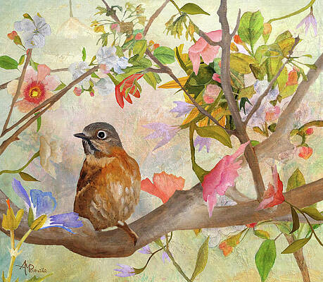 Wall Art featuring the painting Bluebird On A Blossoming Branch by Angeles M Pomata