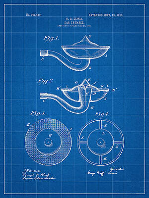Vintage Drawing - Blueprint 1905 Ear Trumpet Patent by Dan Sproul