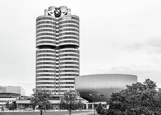 Architecture Wall Art featuring the photograph BMW Headquarters And Museum - Monochrome by Elvira Peretsman