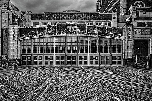 Wall Art featuring the photograph Boardwalk Asbury Beach Park BW by Susan Candelario