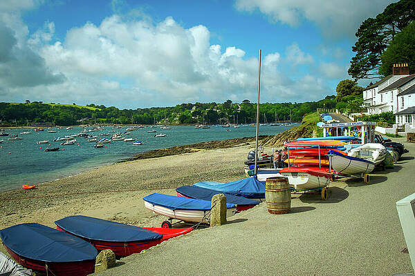 Boats Lined Along a Scenic Shore Wall Art