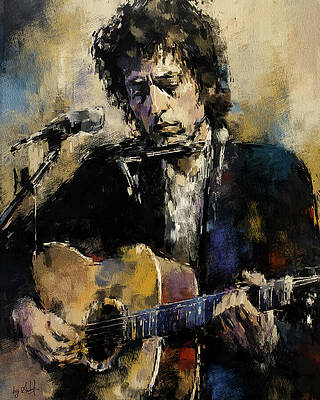 Bob Dylan with Guitar and Harmonica Digital Art