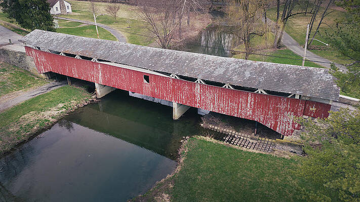 Pennsylvania Wall Art featuring the photograph Bogerts Covered Bridge March Aerial by Jason Fink