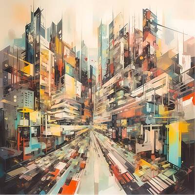 Geometric Wall Art featuring the digital art Bold Geometric Representation Of A Bustling Cityscape No 1 by Andre Petrov