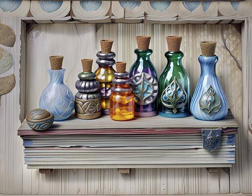 Colorful Potion Bottles on Shelf Digital Art