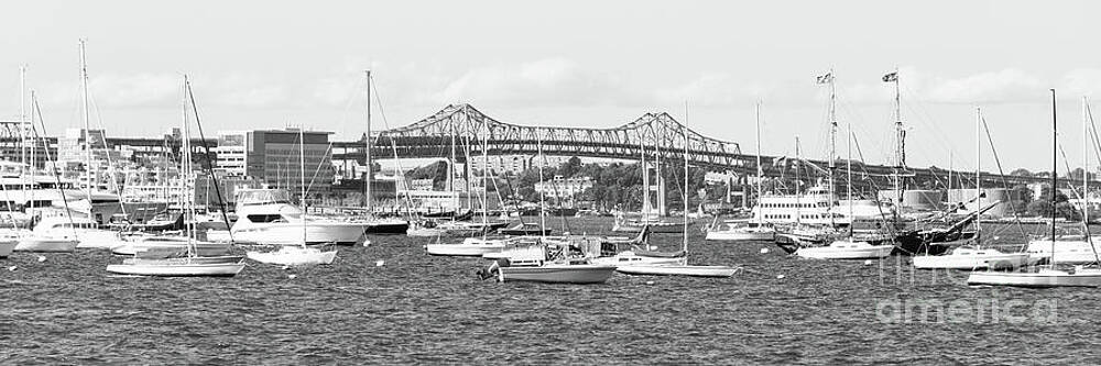 Wall Art featuring the photograph Boston Harbor Boats And Tobin Bridge Black And White Panorama Ph by Paul Velgos