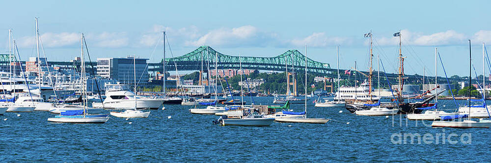 Wall Art featuring the photograph Boston Harbor Boats With Tobin Bridge Panoramic Photo by Paul Velgos