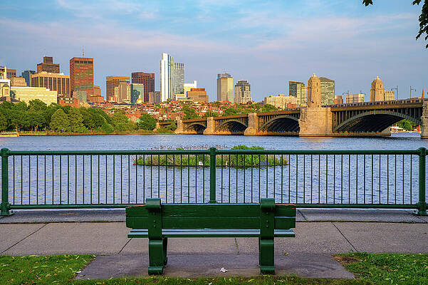 Wall Art featuring the photograph Boston Skyline And Longfellow Bridge From Charles River Bench In Massachusetts by Miroslav Liska