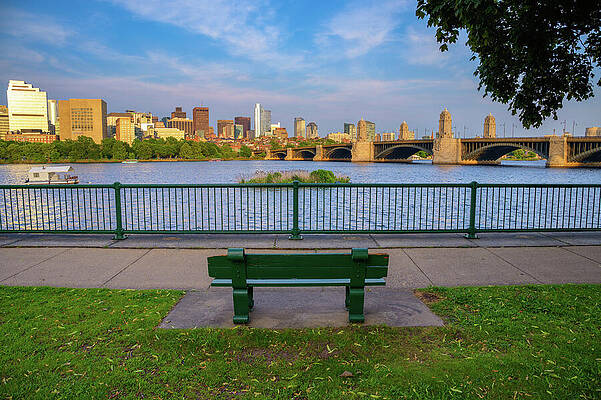 Wall Art featuring the photograph Boston Skyline And Longfellow Bridge From Charles River Bench In by Miroslav Liska