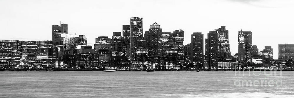 Wall Art featuring the photograph Boston Skyline At Dusk Black And White Panoramic by Paul Velgos