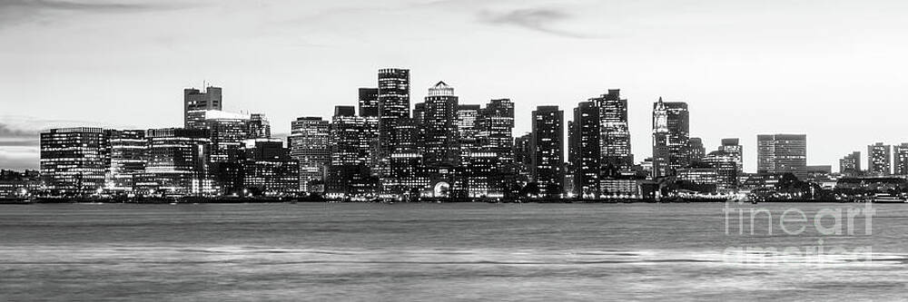 Wall Art featuring the photograph Boston Skyline At Night Black And White Panoramic by Paul Velgos