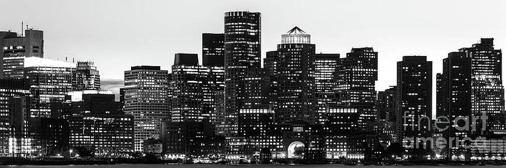 Wall Art featuring the photograph Boston Skyline At Night Black And White Panoramic Photo by Paul Velgos