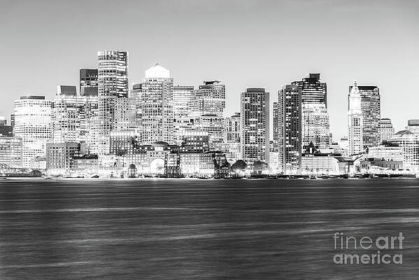 Wall Art featuring the photograph Boston Skyline Cityscape At Night Black And White by Paul Velgos