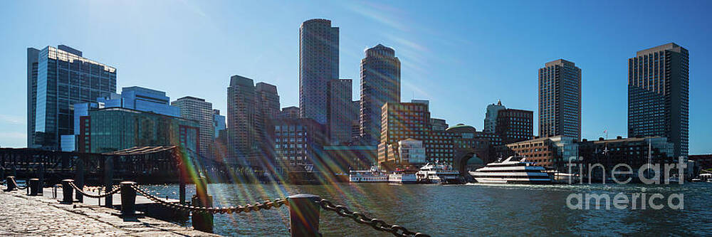 Wall Art featuring the photograph Boston Skyline Harbor And Sunbeam Panoramic Photo by Paul Velgos