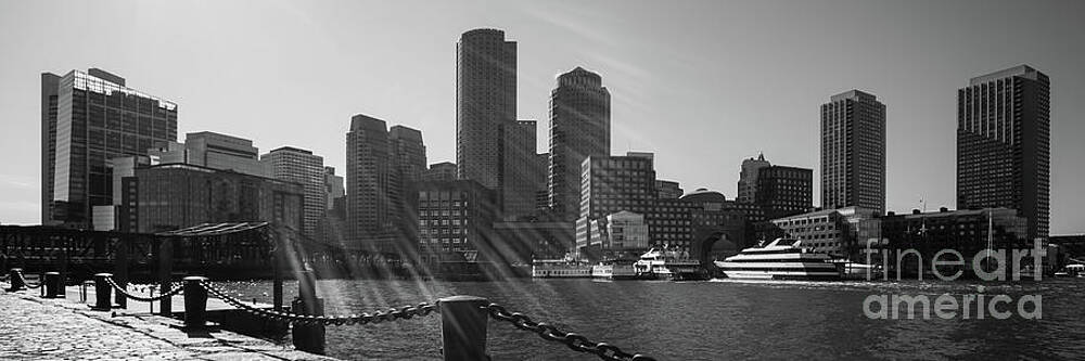 Wall Art featuring the photograph Boston Skyline Sunbeam Black And White Panoramic Photo by Paul Velgos