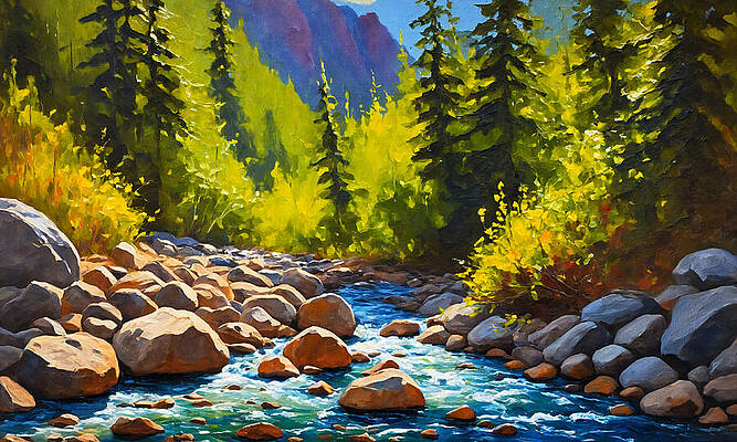 Nature Digital Art - Boulders In The Bed Of A Mountain Stream - Digital Painting by Nicko Prints