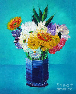 Wall Decor Painting - Bouquet Of Flowers In A Blue Vase by Michel Cruz-Garcia
