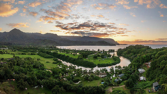Wall Art featuring the photograph Breathtaking Aerial View Of Sunset Over Hanalei Bay's Verdant La by Steven Heap
