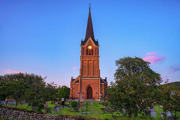 Wall Art featuring the photograph Brick Church And Cemetery At Sunset In Lillehammer, Norway by Miroslav Liska