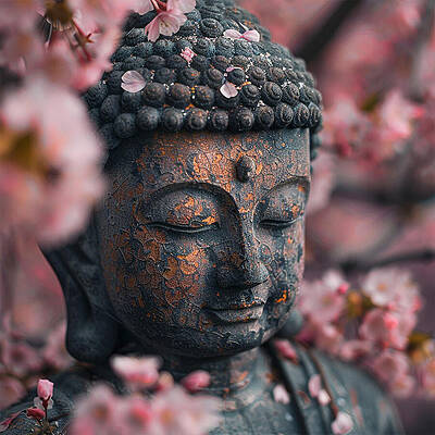 Serene Photograph - Buddha Statue In Flower Blossoms by Printed View