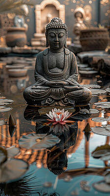 Water Photograph - Buddha With Lotus Flower Reflected In Pond by Printed View