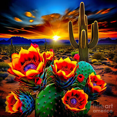 Cactus Flowers at Sunset Wall Art