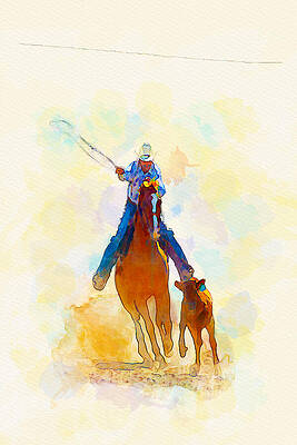 Horse Wall Art featuring the digital art Calf Roping-Digital Watercolor by Carla E