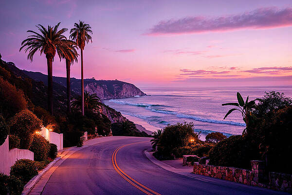 Sunset Wall Art featuring the digital art California Dreaming - L.A Beach Road by Philippe HUGONNARD