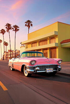 Sunset Wall Art featuring the digital art California Dreaming - L.A Pink Cadillac by Philippe HUGONNARD